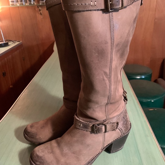 Womens Frye Tall Zip Buckle Gray Leather Carmen Boots Size 8.5 B 77383 - Picture 1 of 11